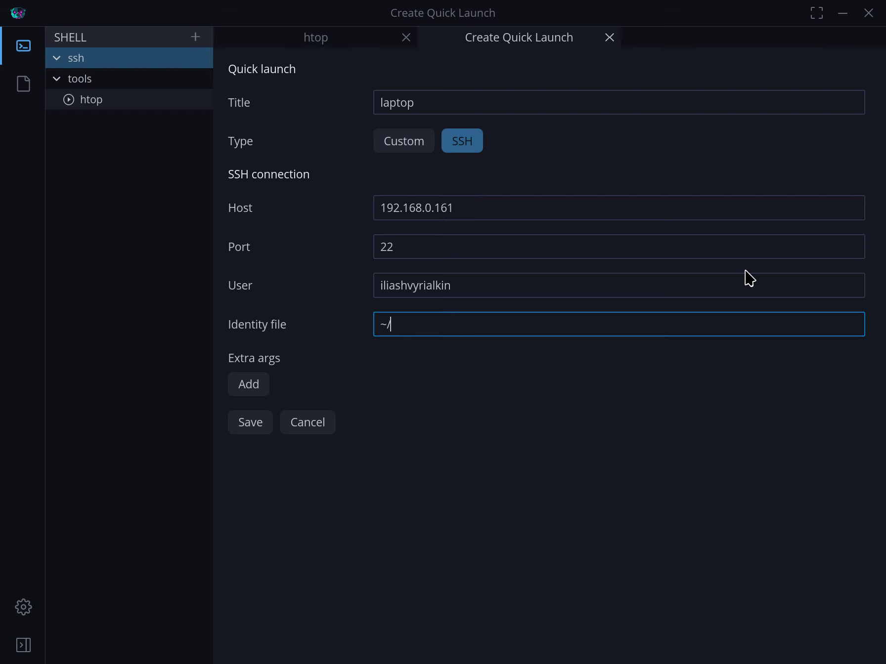 OTTY Quick Launch editor configuring an SSH connection named laptop while saved SSH and htop entries remain visible.